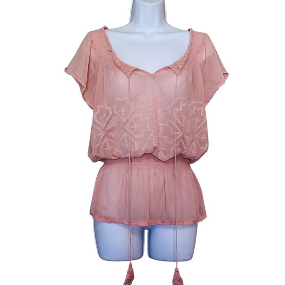 Forever 21 Womens Peplum Blouse Size S Pink Sheer Flutter Tassel Split Neck Top - Picture 1 of 8
